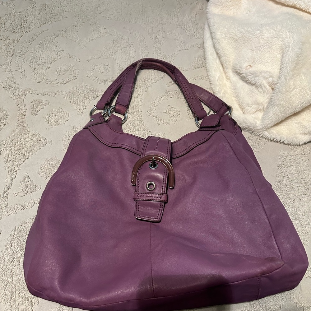 Coach Purple Leather Shoulder Bag with Buckle Accent